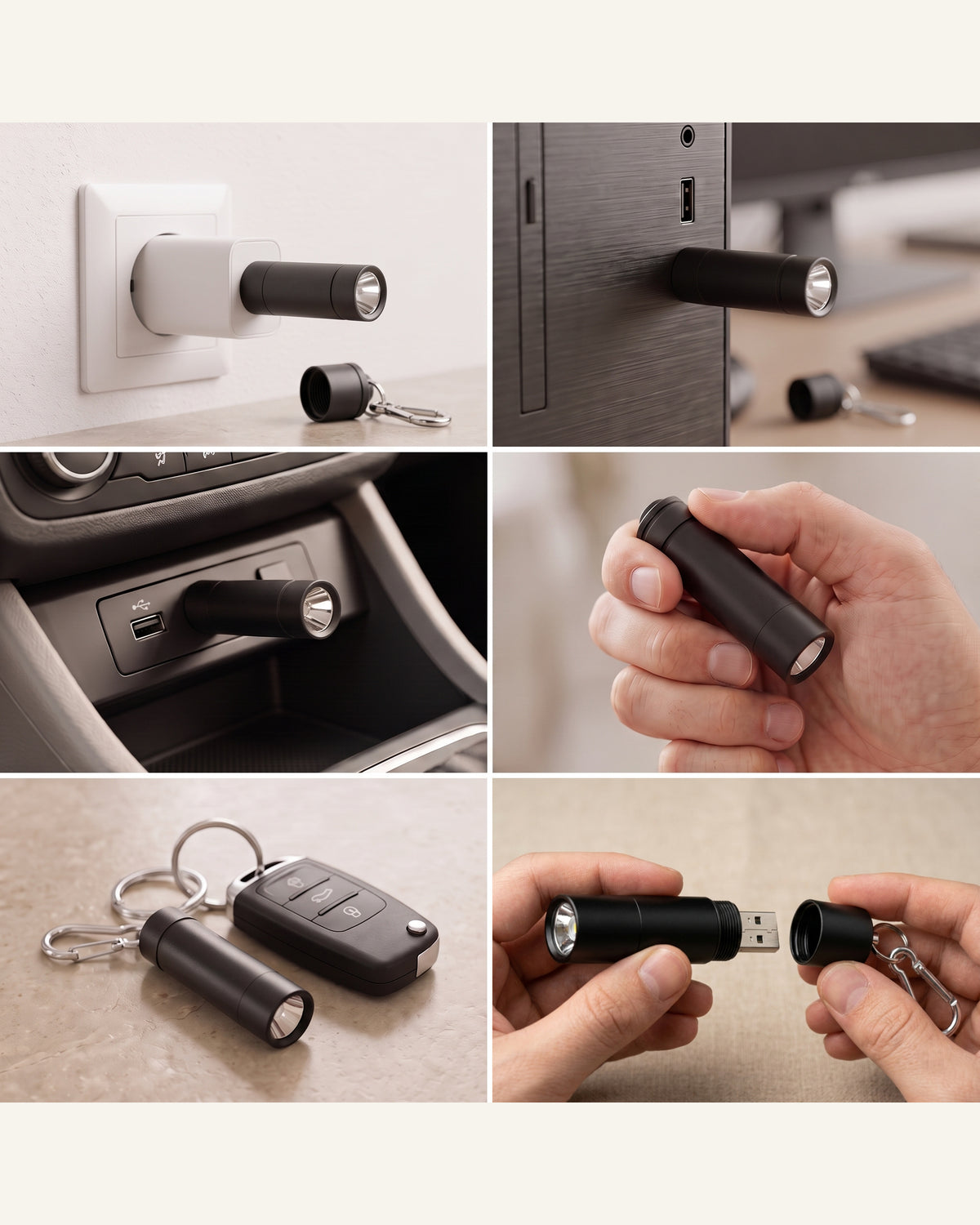 Mini Torche : recharge sur secteur, ordinateur et voiture, format porte-clés, et ouverture du bouchon pour accéder à la prise USB