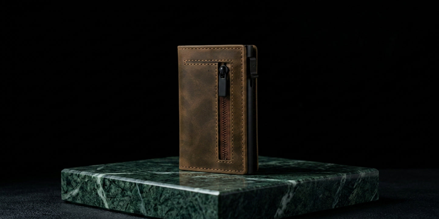 Le Portefeuille Valion — cuir marron sur marbre vert
