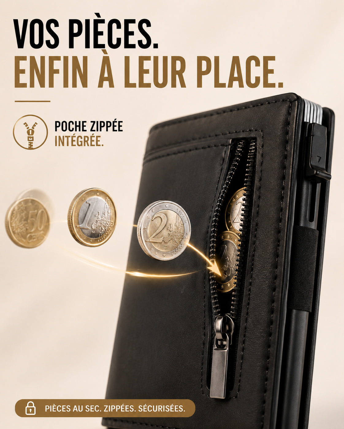 Valion Card Pro — poche zippée : monnaie à portée de main, pièces ou clés