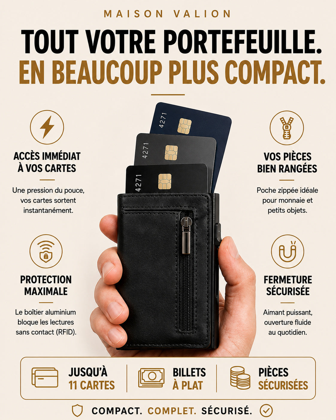 Valion Card Pro — tout votre portefeuille en beaucoup plus compact : jusqu'à 11 cartes, billets à plat, pièces sécurisées