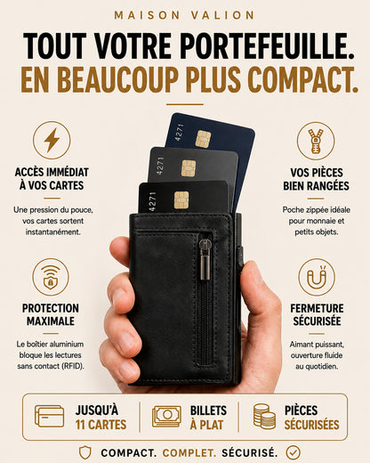Valion Card Pro — tout votre portefeuille en beaucoup plus compact : jusqu'à 11 cartes, billets à plat, pièces sécurisées