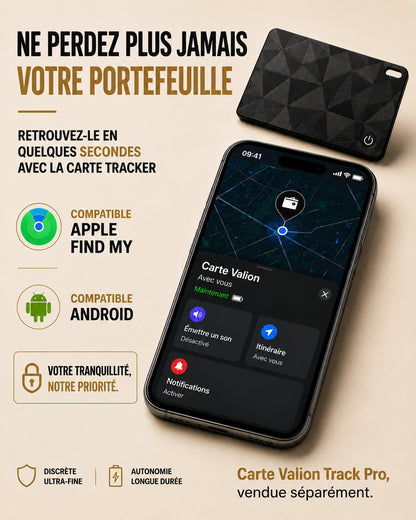 Ne perdez plus jamais votre portefeuille : retrouvez-le avec la carte Valion Track Pro, vendue séparément